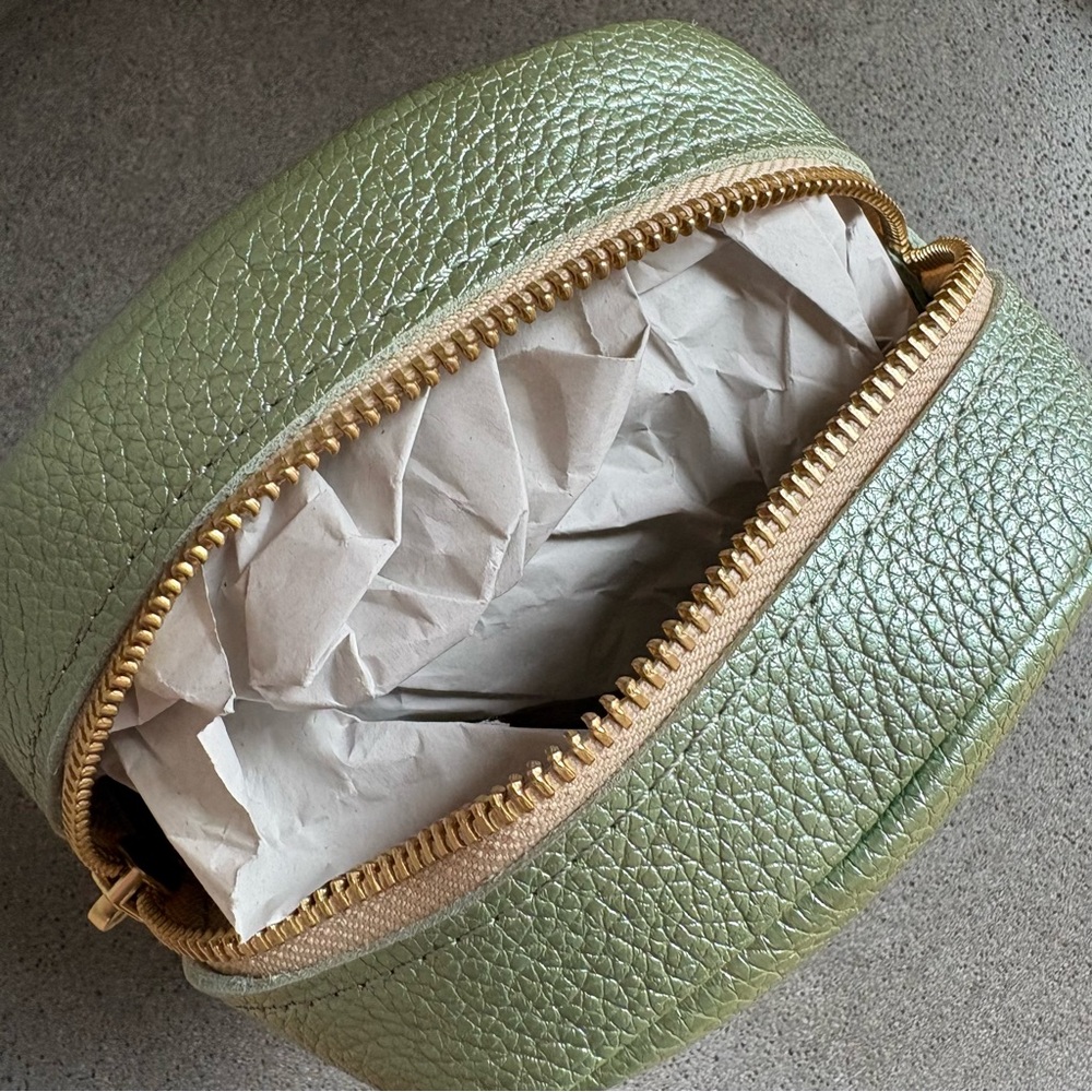 PLG WONDER Pouch Metallic Green Pebbled Leather Beetle Zip Makeup Bag Travel - Picture 8 of 12